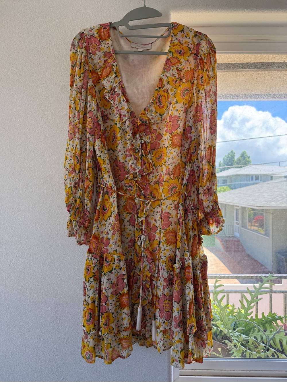 Cleobella Yellow and Pink Floral Ruffle V-Neck Mini Dress NWT